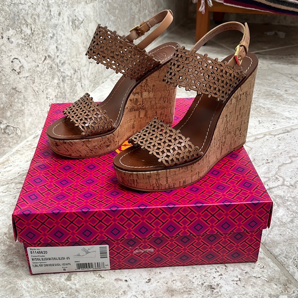 Tory Burch Natural Floral 125MM Wedge Sandal veg Napa Size 8
